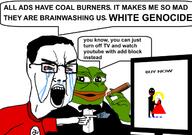 advertisement amphibian blacked blond cigar clothes crying dress frog glasses hair hankerchief interracial nas:pepe negro open_mouth pepe pepe_the_frog pointing shaved soyjak swastika teeth television tshirt tuxedo variant:chudjak white_genocide woman // 640x451 // 74.8KB