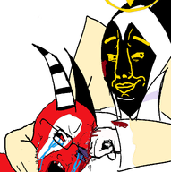 beaten blood broken_glasses broken_teeth bruise crying fist hazbin_hotel headlock helmet horn red_eyes red_skin smile variant:chudjak variant:soyak vivziepop // 1138x1146 // 245.7KB