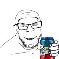 can closed_mouth glasses hand happy holding_object holding_sproke looking_at_you smile soyjak sproke stubble variant:feraljak // 1500x1500 // 256.3KB