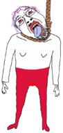 arm blood bloodshot_eyes clothes country crying flag flag:poland full_body hair hand leg mustache neovagina open_mouth poland purple_hair rope soyjak suicide tongue variant:ronald // 511x1074 // 161.4KB