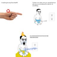 anger_mark arm baby bloodshot_eyes closed_mouth coal crying fire fork full_body hair hand leg lightning open_mouth piss pissbaby pointing smile smug soyjak text variant:chudjak // 1489x1500 // 432.0KB
