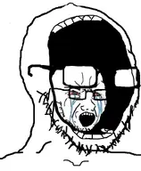 2soyjaks angry big_mouth big_teeth bloodshot_eyes crying eyebrows glasses looking_to_the_right meta:not_a_duplicate meta:not_oc nose open_mouth red_sclera small stubble subvariant:kekjak tear teeth variant:soyak white_background white_skin // 616x750 // 59.9KB