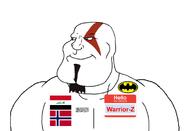 Warrior-Z(user) afghanistan arabic_text artist:satoko_fans_arent_white aryan batman batman_(series) beard blue_eyes buff closed_mouth flag flag:iraq flag:norway flag:taliban goatee god_of_war hair hello_my_name_is_(sticker) iraq kratos norway series:keep_raging_on_them shahada smile soyjak subvariant:mexiaryan taliban text variant:meximutt video_game // 1360x928 // 176.5KB