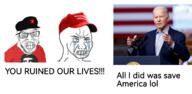 american_flag che_guevara closed_eyes closed_mouth clothes communism crying hammer_and_sickle hat human joe_biden maga microphone real suit teeth tshirt variant:feraljak variant:soyak // 2000x984 // 946.9KB