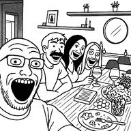 4soyjaks ai_generated brimstone clothes dinner food fork glasses mirror open_mouth plate selfie soulless stubble table variant:unknown wine women // 1024x1024 // 246.2KB