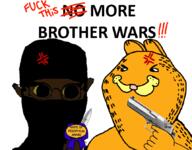 2soyjaks anger_mark angry animal balaclava black_clothing black_skin brown_skin cat closed_mouth clothes deformed ear garf_(user) garfield glasses gun hand holding_gun holding_knife holding_object islam knife looking_to_the_left looking_to_the_right meta:namefags no_more_brother_wars orange_skin redtext soyjak subvariant:chudjak_front subvariant:impish_meowjak text variant:chudjak variant:impish_soyak_ears warrior-z_(user) yellow_sclera yes_more_brother_wars // 861x671 // 177.0KB