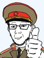 closed_mouth clothes collar_tabs communism ear glasses hair hammer_and_sickle hand hat kgb necktie smirk soyjak stubble thumbs_up uniform variant:carterjak variant:kuzjak // 810x1080 // 216.0KB