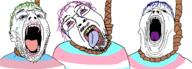 3soyjaks anhero bloodshot_eyes blue_hair crying dead ear flag glasses green_hair guinness_trio hair hanging mustache open_mouth purple_hair rope soyjak stubble suicide tongue tranny troonjak_trio variant:bernd variant:isaac variant:phillip yellow_teeth // 1618x584 // 249.5KB