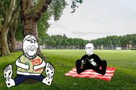 2soyjaks alcoholic arm barefoot beer blanket bowtie can chips closed_mouth clothes concerned dirty dirty_feet disheveled drink fancy food foot full_body glasses grass hairy hand holding_object homeless irl_background jeans park picnic pig rich shoe sitting smile soy soylent stubble subvariant:wholesome_soyjak suit tank_top tree variant:gapejak variant:soyak walkers wine wine_glass // 1300x866 // 399.7KB