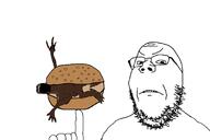 2soyjaks angry arm food full_body glasses hamburger hand leg open_mouth soyjak stubble subvariant:fingerboy variant:a24_slowburn_soyjak variant:gapejak // 1760x1176 // 63.1KB