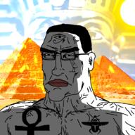 ankh blue_eyes buff closed_mouth ear egypt glasses hair pharaoh pyramid redraw soyjak subvariant:perceptive_chud sun variant:chudjak vein // 799x799 // 610.6KB