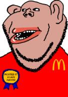 amerimutt clothes crooked_teeth ear mcdonalds open_mouth posted_it_again_award red_shirt soyjak stubble subvariant:impish_amerimutt tan_skin variant:impish_soyak_ears // 590x833 // 33.0KB
