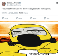 IT2GB broot brootism brootist donald_trump explosion fact fact_sign glasses hazmat_suit truth_nuke trvke trvthnvke twitter variant:cobson xitter // 1126x1080 // 294.7KB