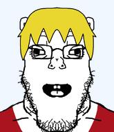 clothes ear glasses hair nate_higgers open_mouth stubble subvariant:fazjak teeth transparent_background variant:markiplier_soyjak white_skin yellow_hair // 1200x1400 // 224.8KB