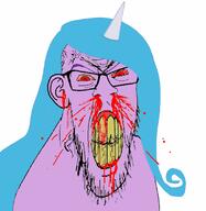 angry blood bloodshot_eyes blue_hair cartoon clenched_teeth ear female glasses hair horn izzy_moonbow mustache my_little_pony pony purple purple_skin red_eyes soyjak stubble subvariant:feralrage variant:feraljak vein yellow_teeth // 778x800 // 236.4KB