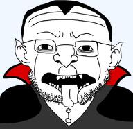 angry buttoned_shirt cape collar dracula fangs glasses hair open_mouth pointy_ears split_jaw stubble teeth vampire variant:volatilejak // 675x653 // 134.9KB