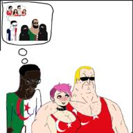 algeria angry big_breasts blush breasts brown_skin buff burqa choker clothes enbie female flag flag:algeria flag:france flag:lebanon flag:turkiye france frown gigachud glasses hair hijab islam lebanon nato pink_hair soyjak subvariant:chudjak_seething sunglasses text turkiye variant:chudjak white_skin yellow_hair // 1000x1000 // 433.6KB