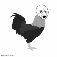 animal animated bbc bird bloodshot_eyes chicken crying feather full_body glasses japanese_text leg open_mouth poyopoyo rooster soyjak stubble text urouro variant:soyak // 400x400 // 462.3KB