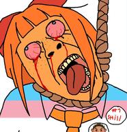 anti_ongezellig badge blood bloodshot_eyes blue_eyes bowtie clothes female hanging mymy_(ongezellig) necktie ongezellig open_mouth orange_hair orange_skin rope shill soyjak studio_massa suicide tongue variant:bernd // 1254x1294 // 290.4KB