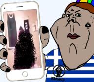 arm bbc bnwo brown_skin clothes country ear flag flag:greece greece hand hat holding_object holding_phone iphone negro propeller_hat queen_of_spades raised_fist_(symbol) soyjak subvariant:kranos tattoo text tshirt variant:impish_soyak_ears // 1080x942 // 497.6KB