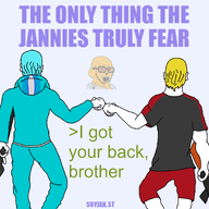 3soyjaks alliance animal arm back blue_background blue_clothes blue_hair crying dog ear fist fist_bump fistbump gempass glasses greentext gun holding_gun holding_object hoodie i_got_your_back_brother janny motivational nate nate_higgers open_mouth red_clothes red_eyes rifle sharty soygem_party soygem_pass soygempass soyjak soyjak_party soyjak_st stubble text variant:soyak weapon white_skin yellow_hair // 1080x1080 // 93.9KB