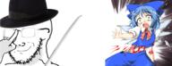 anime cirno closed_mouth fedora glasses glowing glowing_eyes glowing_glasses hand katana smile smug soyjak stubble sword touhou variant:soyak video_game // 2000x771 // 1022.2KB