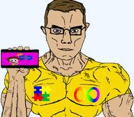 autism brown_hair brown_skin glasses holding_phone infinity nickcheezy phone subvariant:muscular_chud variant:chudjak yellow_shirt // 1059x929 // 97.3KB