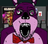animal animal_ears animatronic bonnie_(fnaf) bowtie ear five_nights_at_freddy's five_nights_at_freddy's_1 fnaf freddy_fazbear glasses horror open_mouth pink_eyes purple_skin rabbit rabbit_ears snout soyjak stubble top_hat variant:bernd video_game // 823x748 // 355.4KB