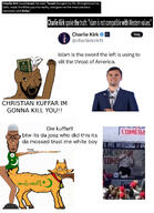 arm assassination beard book brainless brown_skin charlie_kirk crescent_and_star fist goat gun hand hands_up islam israel muslims open_mouth quran rifle soyjak subvariant:euromutt tvrkaryan twitter variant:soyak weapon white_skin yellow_teeth // 2567x3554 // 3.0MB