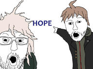 2soyjaks ahoge anime arm brown_hair clothes danganronpa:_trigger_happy_havoc danganronpa_(series) danganronpa_2:_goodbye_despair glasses hair hand hoodie hope komaeda_nagito naegi_makoto open_mouth pointing soyjak stubble text variant:two_pointing_soyjaks video_game visual_novel white_hair white_skin // 1132x849 // 143.1KB