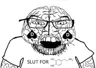 brain chemistry clothes dopamine facial_mark glasses open_mouth slut soyjak spade stubble text tshirt variant:feraljak // 807x573 // 130.5KB