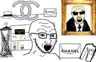 2soyjaks bag bottle chanel clothes dress fa_(4chan) frame glasses grey_hair hat karl_lagerfeld logo necklace necktie old open_mouth perfume soyjak stubble sunglasses text variant:soyak yellow_skin // 1701x1100 // 607.5KB