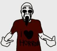 arm blood clothes ear hand heart horror i_love no_eyes open_mouth pointing soyjak stubble tshirt variant:shirtjak // 1193x1080 // 319.8KB