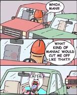 car comic comic_sans flag flag:transgender_pride_flag glasses meta:pornographic_content mustache nsfw open_mouth penis purple_hair soyjak stubble tranny variant:bernd yellow_teeth // 700x867 // 100.0KB