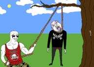 ack blood bloodshot_eyes buff closed_mouth clothes cloud conqueror_(band) crying drawn_background full_body glasses hanging holding_object holding_rope lyching lynching mayhem_(band) mustache neovagina purple_hair rope shaved skinhead sleeveless_shirt smile soyjak stubble sun sunglasses tongue total_poser_death tree variant:bernd variant:chudjak war_metal yellow_teeth // 2100x1500 // 431.9KB