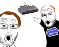 balding brown_hair clothes glasses my_life_in_gaming open_mouth orange_hair pointing retrothink soyjak stubble tshirt variant:two_pointing_soyjaks // 750x593 // 163.7KB