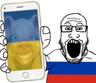 animal arm flag glasses hand holding_object holding_phone iphone open_mouth phone pig russia soyjak stubble subvariant:phoneplier subvariant:phoneplier_vertical ukraine variant:markiplier_soyjak // 2160x1884 // 1.4MB