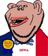 amerimutt award black_sclera brown_skin clothes corn ear flag flag:iowa iowa lips mutt open_mouth soyjak state stubble subvariant:impish_amerimutt text united_states variant:impish_soyak_ears // 685x793 // 56.0KB