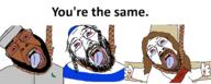 arm beard blood bloodshot_eyes brown_hair brown_skin christianity clothes cross crying glasses hair hand hanging hat islam jesus judaism kippah large_nose open_mouth rope soyjak taqiyah text tongue variant:bernd yellow_teeth you're_the_same // 1994x804 // 715.1KB