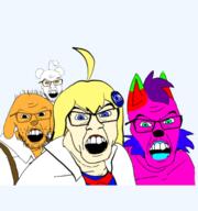 4soyjaks angry animal antenna badge blue_eyes blue_hair clothes dog ear female furry glasses green_eyes hair janny knowyourmeme mustache necktie open_mouth orange_eyes ornament pink_skin purple_hair reddit snout soyjak stubble subvariant:female_feraljak suspenders variant:feraljak white_skin yellow_hair yellow_skin // 600x641 // 177.8KB
