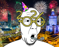 2026 bald building city fireworks glasses happy_new_year irl_background lights lips new_year new_years new_years_eve night open_mouth party_blower party_hat soyjak stubble text variant:slatejak warsaw // 1250x1000 // 2.0MB