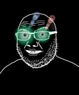 black_skin glasses glowing_eyes inverted open_mouth soyjak stubble thougher variant:logjak // 559x675 // 155.8KB
