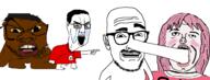 4soyjaks angry arm black_skin bloodshot_eyes blush clothes crying daddy's_girl ear female full_body glasses hair hand lips long_nose makeup mustache nigger open_mouth pink_hair pointing small_penis smile stubble subvariant:crazyguyjak subvariant:female_a24_slowburn subvariant:feralnigger sucking swastika tbp twp variant:a24_slowburn_soyjak variant:chudjak variant:feraljak variant:longnose yellow_sclera // 1447x553 // 207.5KB
