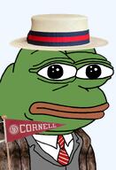 amphibian boater_hat closed_mouth clothes coat coat_of_arms collared_shirt college cornell_university flag frog fur_coat green_skin hat holding_object ivy_league lips looking_at_you nas:pepe necktie neutral pennant pepe_the_frog series:pepe_hat shield sports straw_hat suit suit_and_tie transparent_background university // 1008x1479 // 797.1KB
