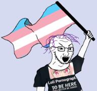 clothes flag flag:transgender_pride_flag glasses holding_flag holding_object loli purple_hair stubble tranny variant:soyak // 930x869 // 369.9KB