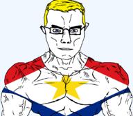arm blue_eyes buff closed_mouth clothes flag flag:saba glasses hair netherlands saba soyjak star_(symbol) subvariant:chudjak_front subvariant:muscular_chud transparent transparent_background tshirt variant:chudjak vein yellow_hair // 1059x929 // 74.7KB