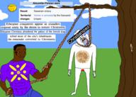 3soyjaks africa arm bloodshot_eyes buff christianity closed_mouth clothes cross crying drawn_background ear ethiopia flag full_body glasses grass hand hanging holding_object holding_rope irl jeans judaism leg lynching neovagina noose novial open_mouth outdoors rope smile smug soyjak star_of_david stubble subvariant:wholesome_soyjak sun symbol text tongue tree variant:bernd variant:chudjak variant:gapejak war wikipedia yellow yellow_skin yellow_teeth yemen // 995x709 // 398.2KB