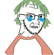 4chan anime clothes crying glasses green_hair hair meta:low_resolution soyjak stubble tshirt variant:soyak yotsoyba // 223x226 // 9.0KB