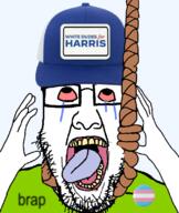 ack brap brat charli_xcx clothes crying flag:transgender_pride_flag glasses hand hands_up hat kamala_harris rope stubble subvariant:ppplier tongue tranny variant:bernd variant:markiplier_soyjak variant:ppp white_dudes_for_harris // 673x800 // 268.3KB
