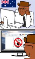 2soyjaks arm australia bant_(4chan) brown_skin closed_mouth clothes computer country dildo flag glasses hand hat open_mouth smug soyjak stubble variant:gapejak variant:soyak // 448x751 // 216.2KB